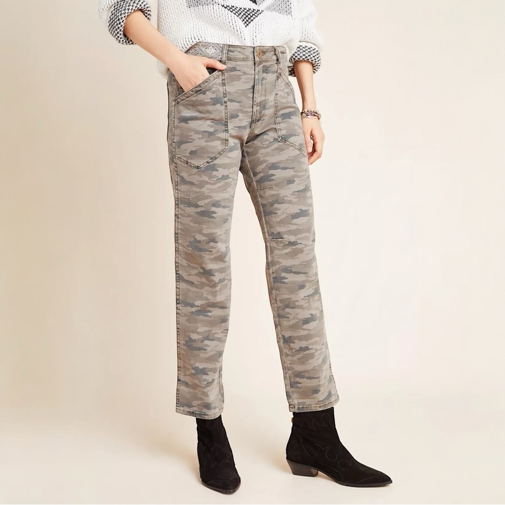 By Anthropologie Mavis Utility Pants Camo Print Embroidered Stretch‎ Cropped